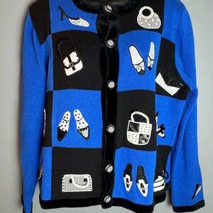 Vintage 80s Just Blue Checkered Board Cardigan W/Shoe & Handbag appliqué Size LG